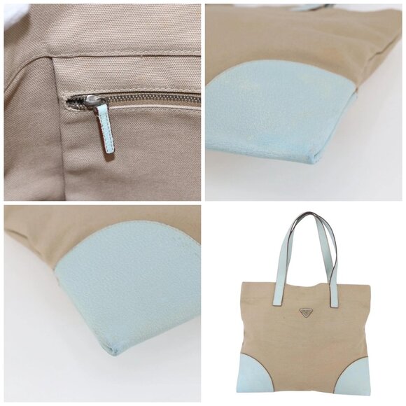 PRADA Tote Bag Canvas Leather Beige Light Blue - Picture 12 of 15